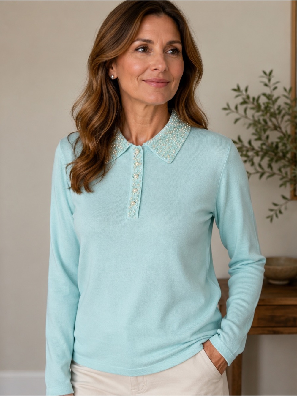 SUSAN GRAVER Women’s Size L Soft Mint  Beaded Pearl Embellished Collar Sweater